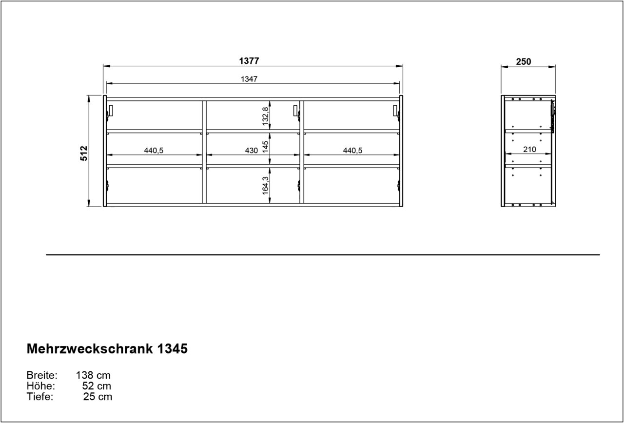 Technische Zeichnung eines Mehrzweckschranks mit den Maßen 138 cm Breite, 52 cm Höhe und 25 cm Tiefe, Vorder- und Seitenansicht.