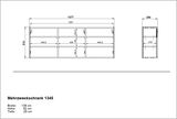 Technische Zeichnung eines Mehrzweckschranks mit den Maßen 138 cm Breite, 52 cm Höhe und 25 cm Tiefe, Vorder- und Seitenansicht.
