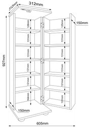 Technische Strichzeichnung eines geöffneten Spiegelschranks/Badschranks mit Einlegeböden und Maßangaben (ca. 927 mm hoch, 605 mm breit, 312 mm tief), dargestellt in schräger Perspektive von vorne.