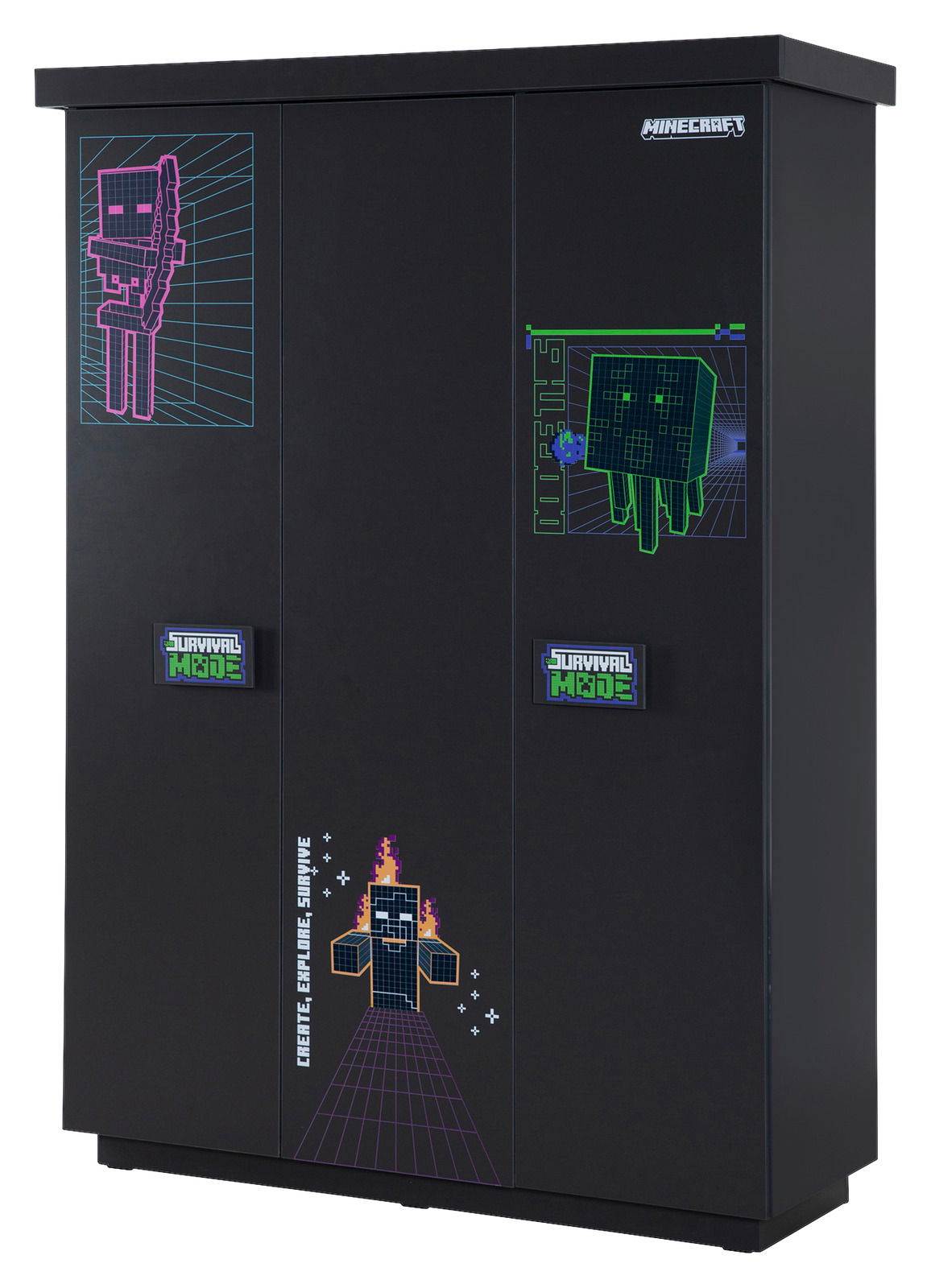 Zurbrüggen Kleiderschrank 3-türig MINECRAFT Schwarzer dreitüriger Kleiderschrank mit Minecraft-Motiven, frontal abgebildet.