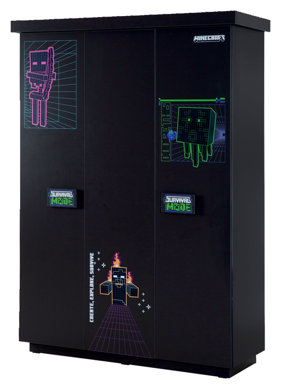 Schwarzer dreitüriger Kleiderschrank mit Minecraft-Motiven, frontal abgebildet.