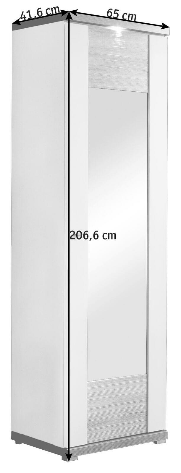 Garderobenschrank mit Spiegel, weiße Front, Maße: 206,6 cm hoch, 65 cm breit, 41,6 cm tief, Frontalansicht