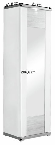 Garderobenschrank mit Spiegel, weiße Front, Maße: 206,6 cm hoch, 65 cm breit, 41,6 cm tief, Frontalansicht