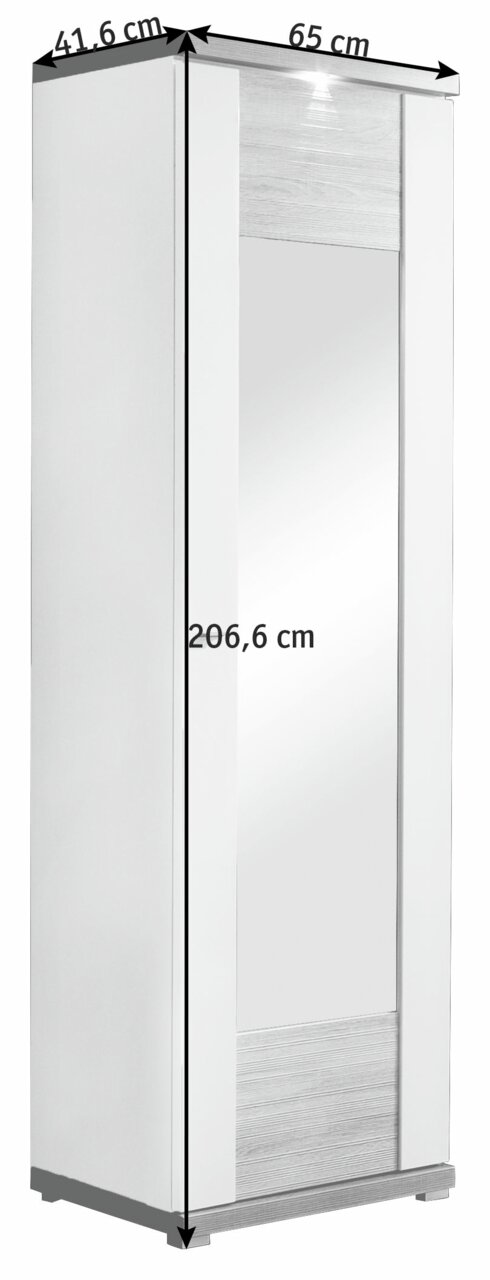 Garderobenschrank mit Spiegel, weiße Front, Maße: 206,6 cm hoch, 65 cm breit, 41,6 cm tief, Frontalansicht