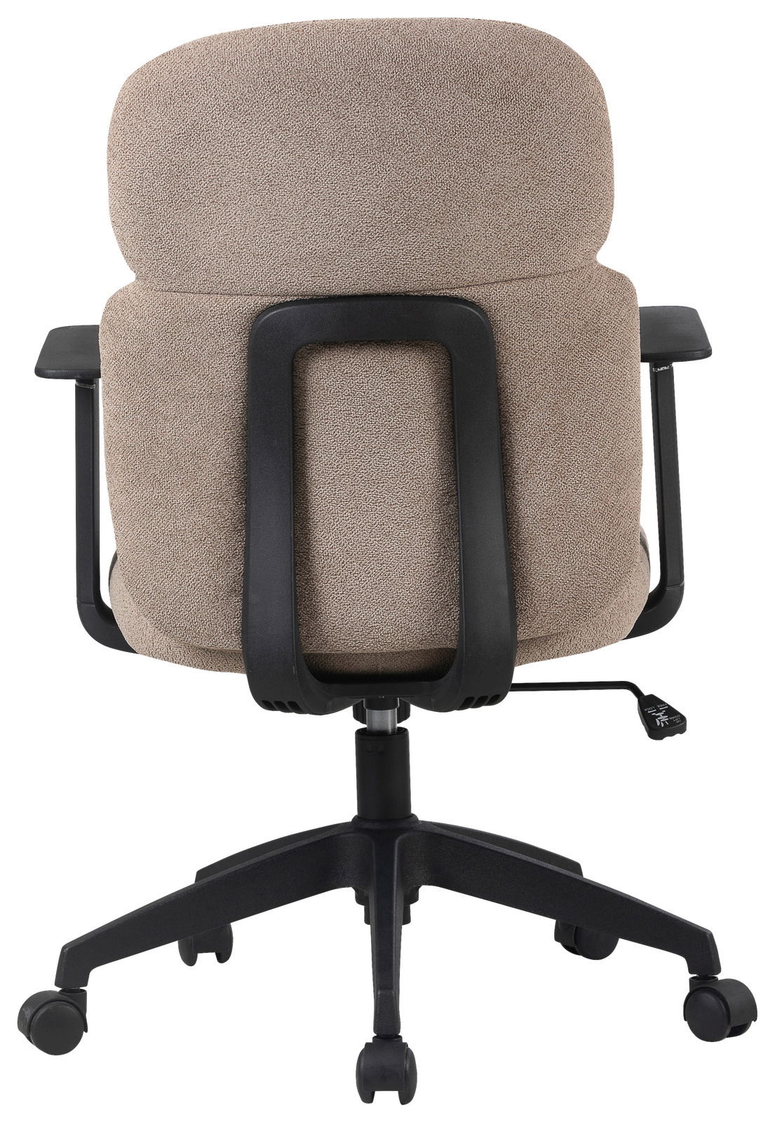 Rückansicht eines beige gepolsterten Drehstuhls mit schwarzen Armlehnen und Rollen.