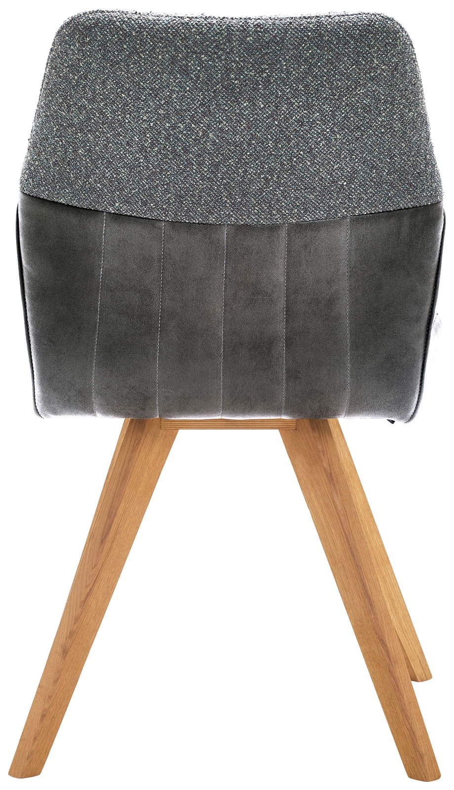 Rückansicht eines modernen Stuhls mit grauem Stoffbezug und Holzbeinen