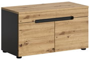 Sitzbank aus Holz mit zwei Türen, seitliche Perspektive