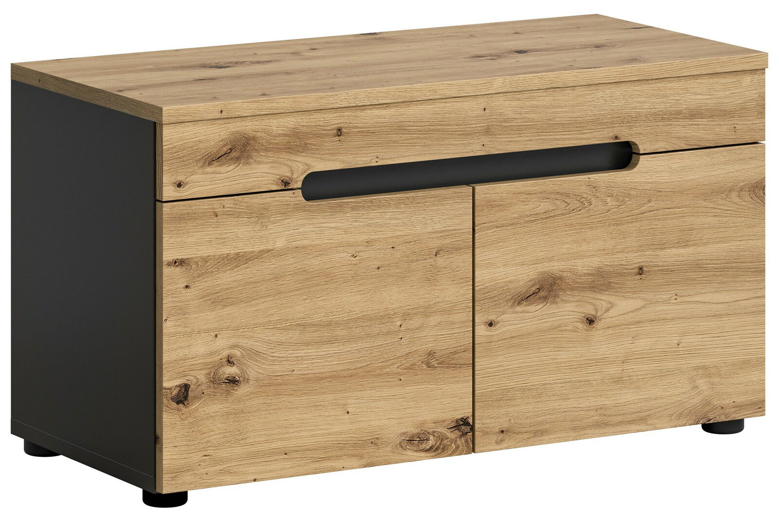 Sitzbank aus Holz mit zwei Türen, seitliche Perspektive