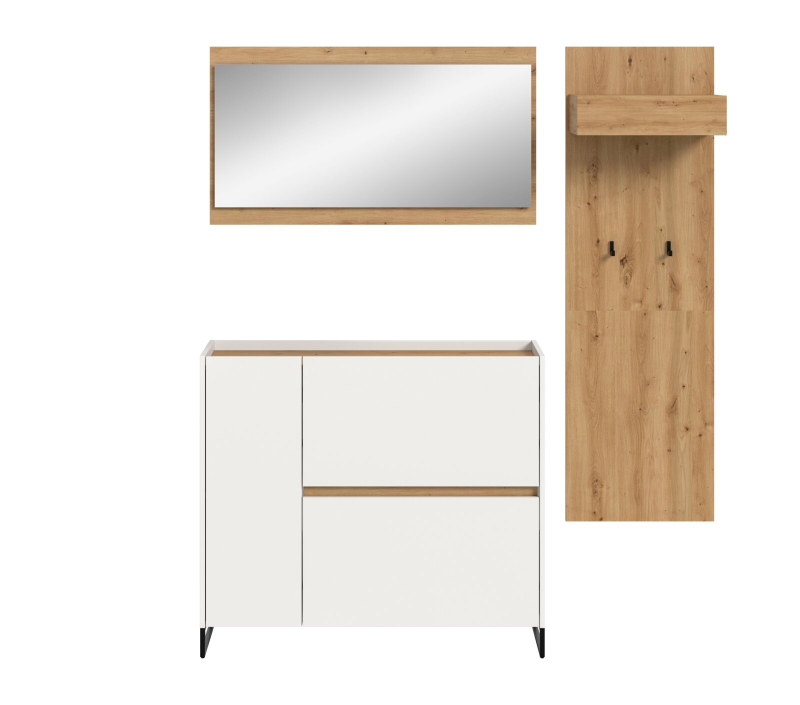 Modernes Flur-Set mit weißem Schuhschrank auf schwarzen Metallfüßen, Holzdetails, großem Wandspiegel im Holzrahmen und Garderobenpaneel mit Ablage und Haken, Ansicht von vorne