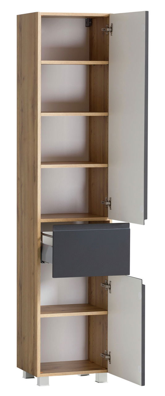 Hochschrank aus Holz mit mehreren Regalböden und einer Schublade, Türen geöffnet, seitliche Perspektive