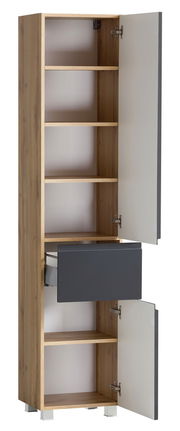 Hochschrank aus Holz mit mehreren Regalböden und einer Schublade, Türen geöffnet, seitliche Perspektive