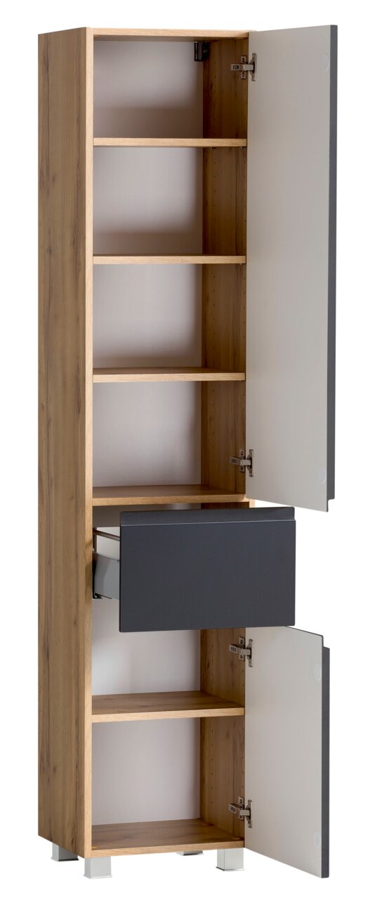 Hochschrank aus Holz mit mehreren Regalböden und einer Schublade, Türen geöffnet, seitliche Perspektive