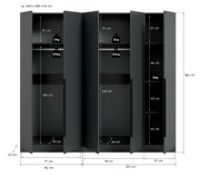 Schwarzer Kleiderschrank mit drei Türen, geöffnet, mit Maßangaben (ca. 200 x 180 x 52 cm) und Innenaufteilung mit Fächern und Kleiderstangen; Perspektive: Frontalansicht.