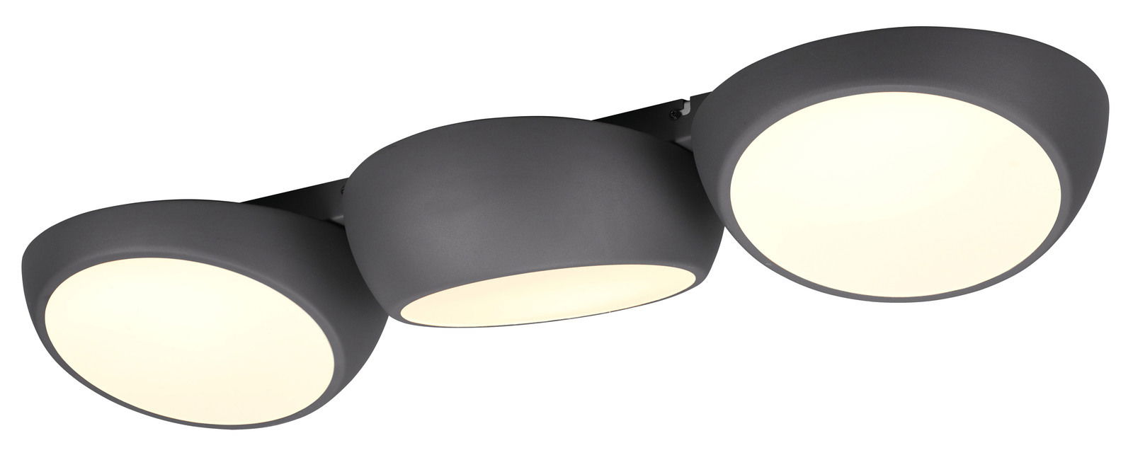 Moderne LED-Deckenleuchte Bubbles mit drei runden Leuchtelementen in schwarzem Gehäuse, seitliche Perspektive.