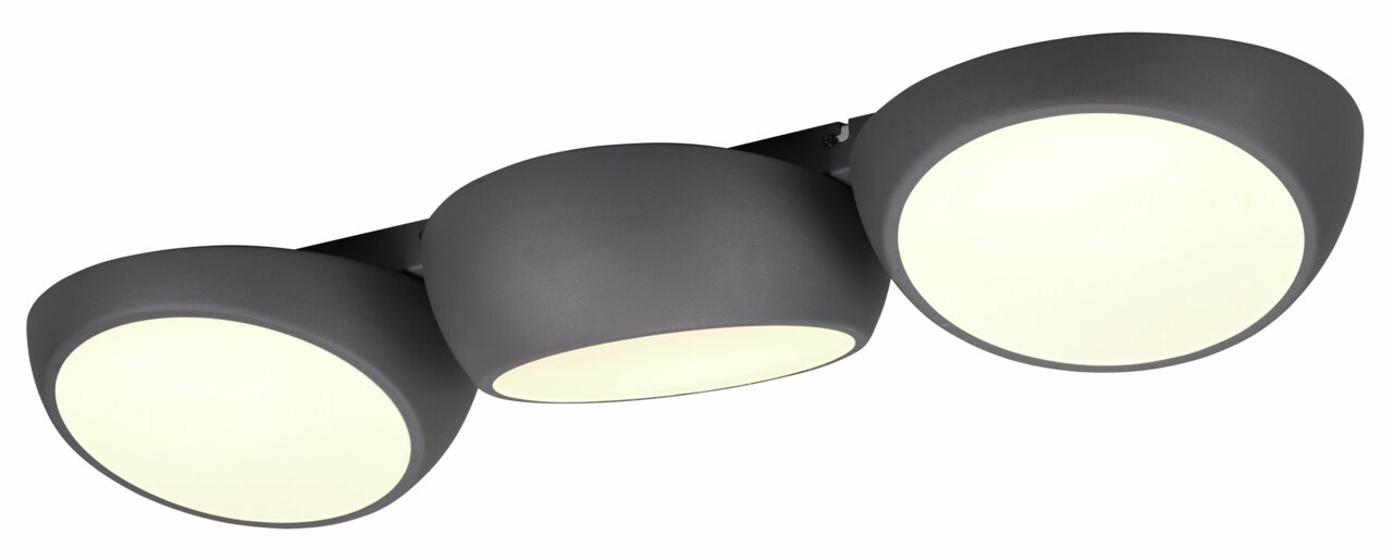 Moderne LED-Deckenleuchte Bubbles mit drei runden Leuchtelementen in schwarzem Gehäuse, seitliche Perspektive.