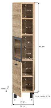Moderner Badschrank aus Holz mit mehreren offenen Fächern und einer Glastür, seitliche Perspektive.