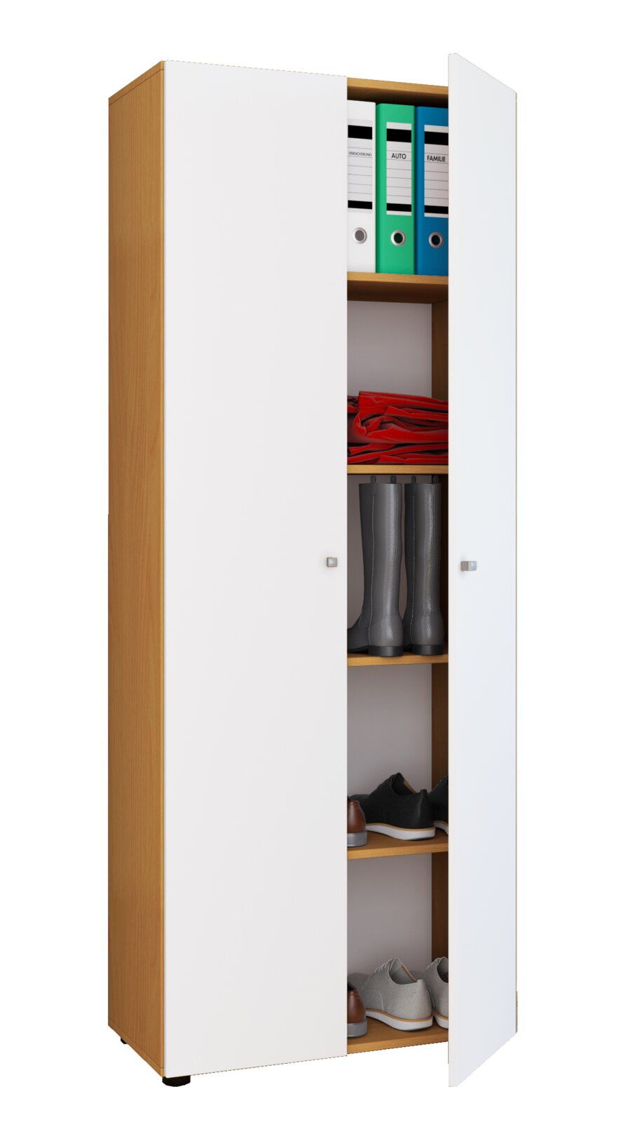 VCM Mehrzweckschrank VANDOL Hoher schmaler Mehrzweckschrank mit Holzdekor-Korpus und weißen Türen, eine Tür geöffnet mit sichtbaren Regalböden und Inhalt (Ordner, Schuhe, Gummistiefel), perspektivische Frontansicht leicht von rechts