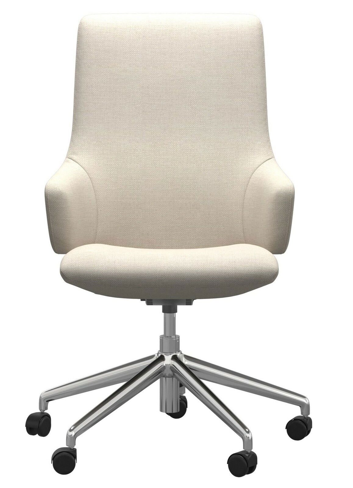 Beiger Home Office Sessel mit hoher Rückenlehne und Armlehnen, auf einem verchromten Drehfuß mit Rollen, Frontalansicht.