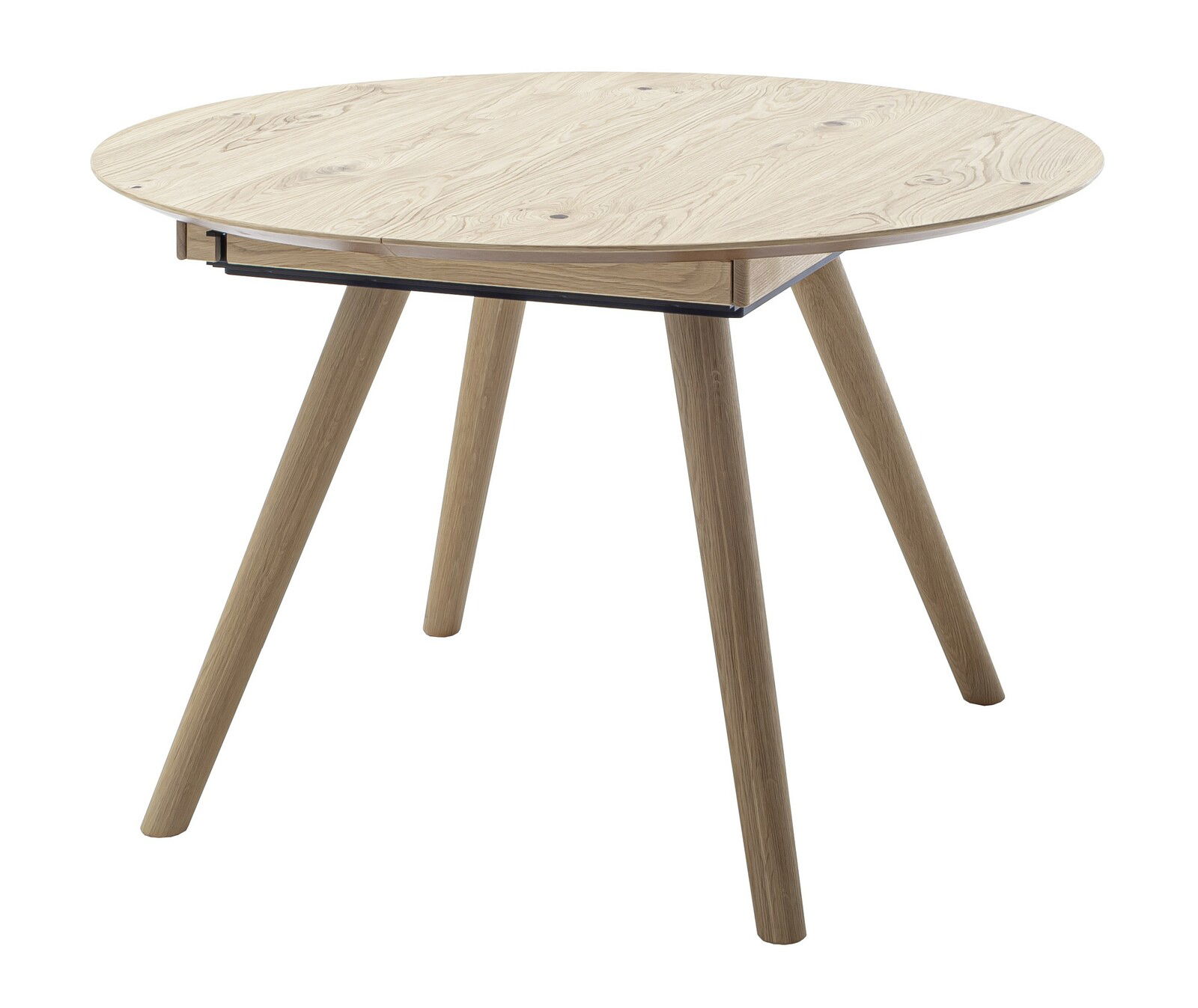 Runder Esstisch aus Holz mit vier schrägen Beinen, seitliche Perspektive