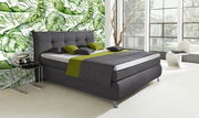 Boxspringbett in modernem Design mit grauem Stoffbezug, grünen Akzenten und mehreren Kissen, seitliche Perspektive