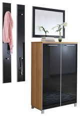 Garderoben-Set bestehend aus einem hohen Schrank mit Holz- und Glaselementen, zwei schmalen Wandpaneelen mit Haken und einem großen Spiegel, frontal betrachtet.