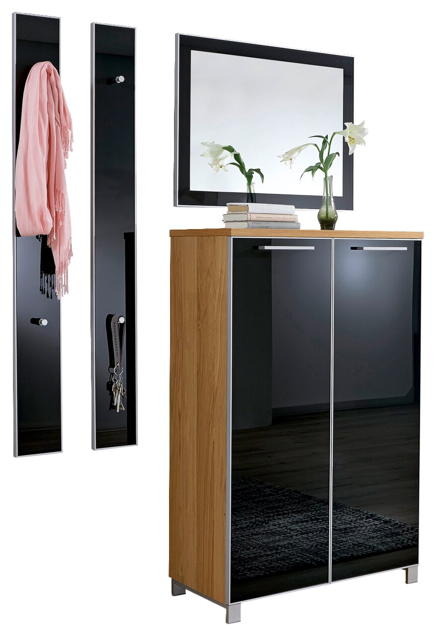Garderoben-Set bestehend aus einem hohen Schrank mit Holz- und Glaselementen, zwei schmalen Wandpaneelen mit Haken und einem großen Spiegel, frontal betrachtet.