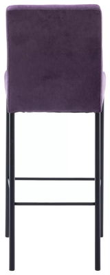 Rückansicht eines Barhockers mit lila Polsterung und schwarzen Metallbeinen.