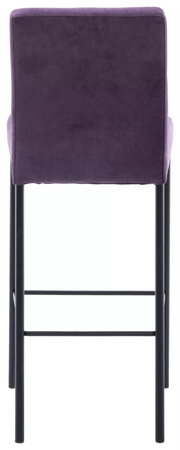 Rückansicht eines Barhockers mit lila Polsterung und schwarzen Metallbeinen.