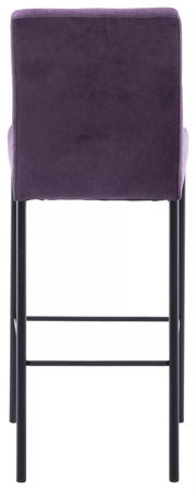 Rückansicht eines Barhockers mit lila Polsterung und schwarzen Metallbeinen.