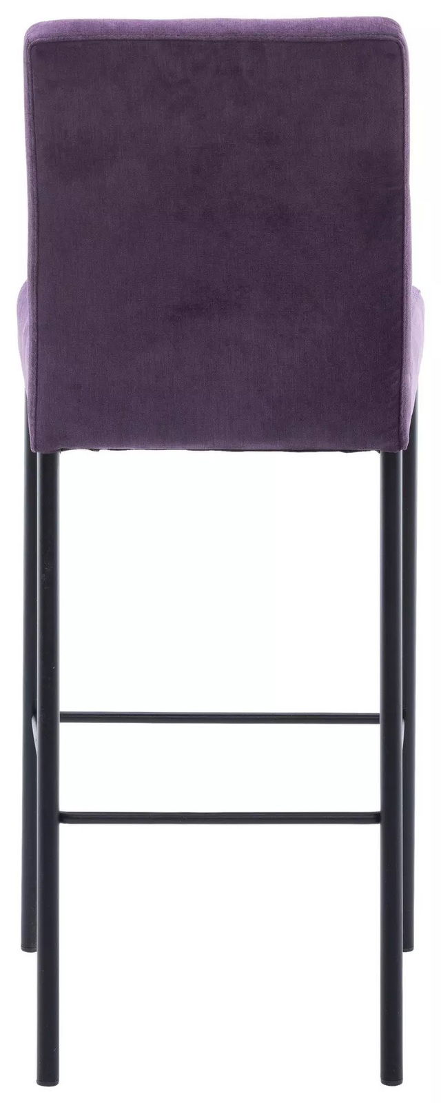 Rückansicht eines Barhockers mit lila Polsterung und schwarzen Metallbeinen.