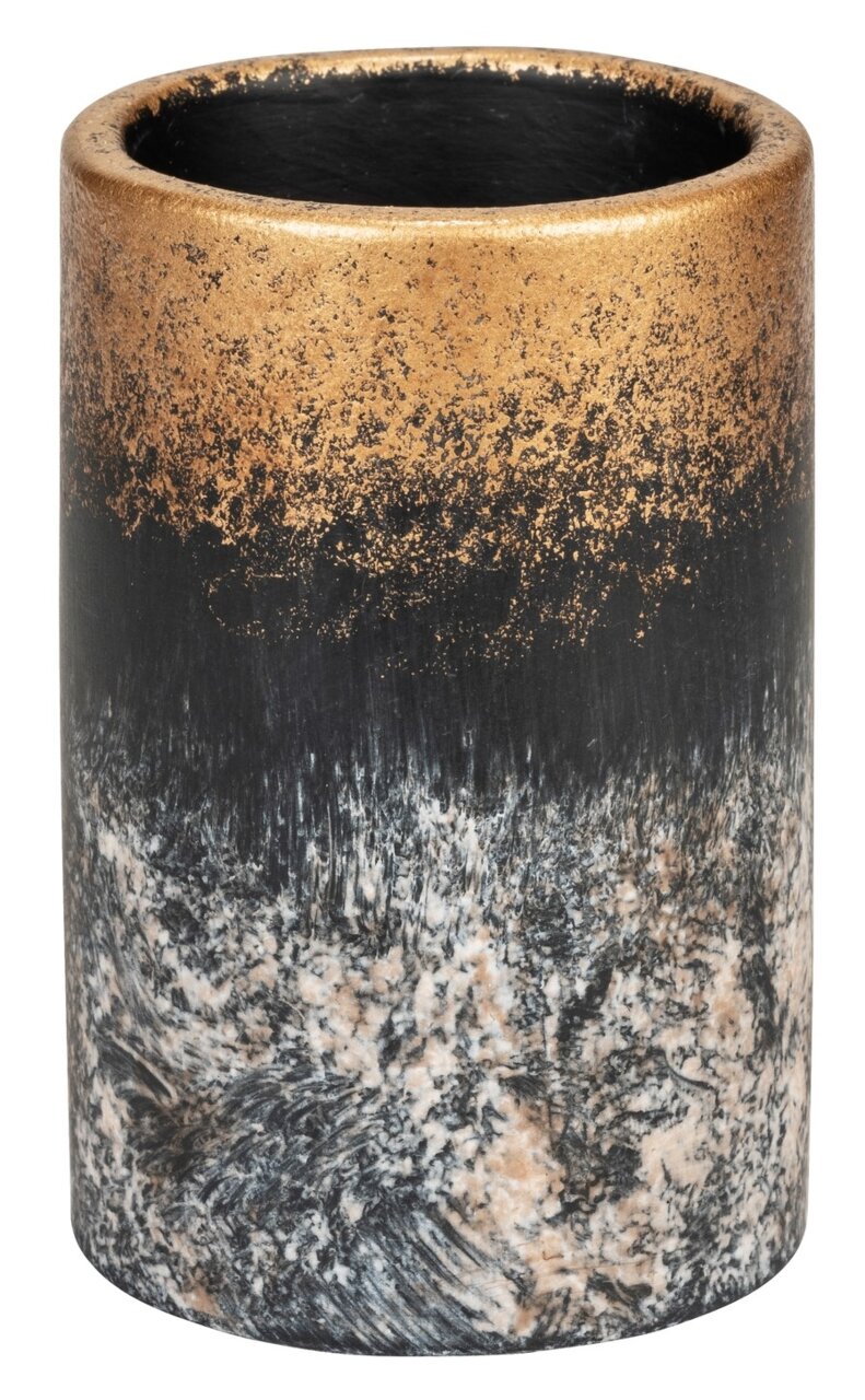 Zahnbürstenhalter Lacona in zylindrischer Form mit gold-schwarzem Marmoreffekt, Ansicht von schräg oben