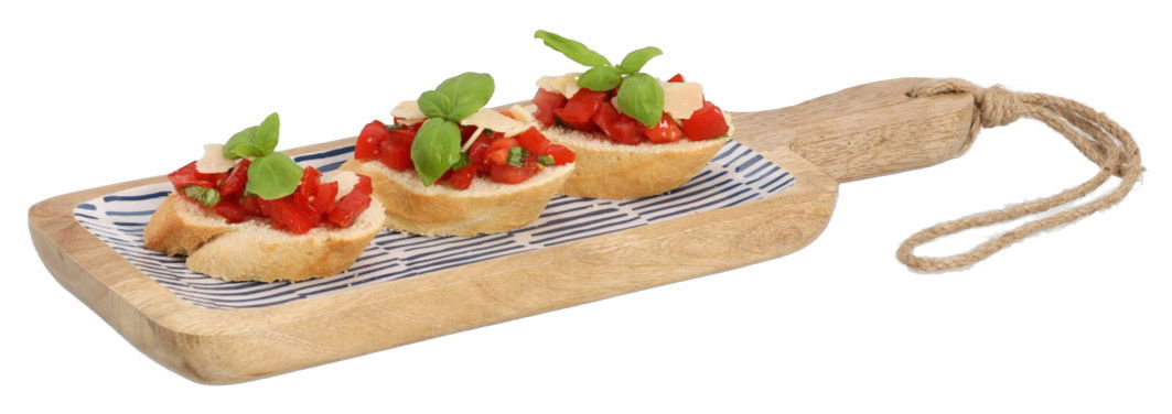 Zeller Present Servierbrett Servierbrett aus Mangoholz mit drei Bruschetta, von oben fotografiert.