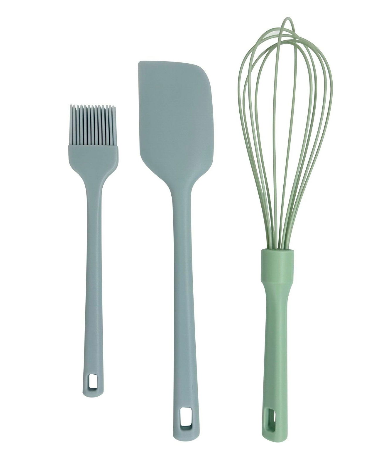 Küchenhelferset 3-tlg. bestehend aus einem Pinsel, einem Spatel und einem Schneebesen, frontal abgebildet.