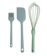 Küchenhelferset 3-tlg. bestehend aus einem Pinsel, einem Spatel und einem Schneebesen, frontal abgebildet.
