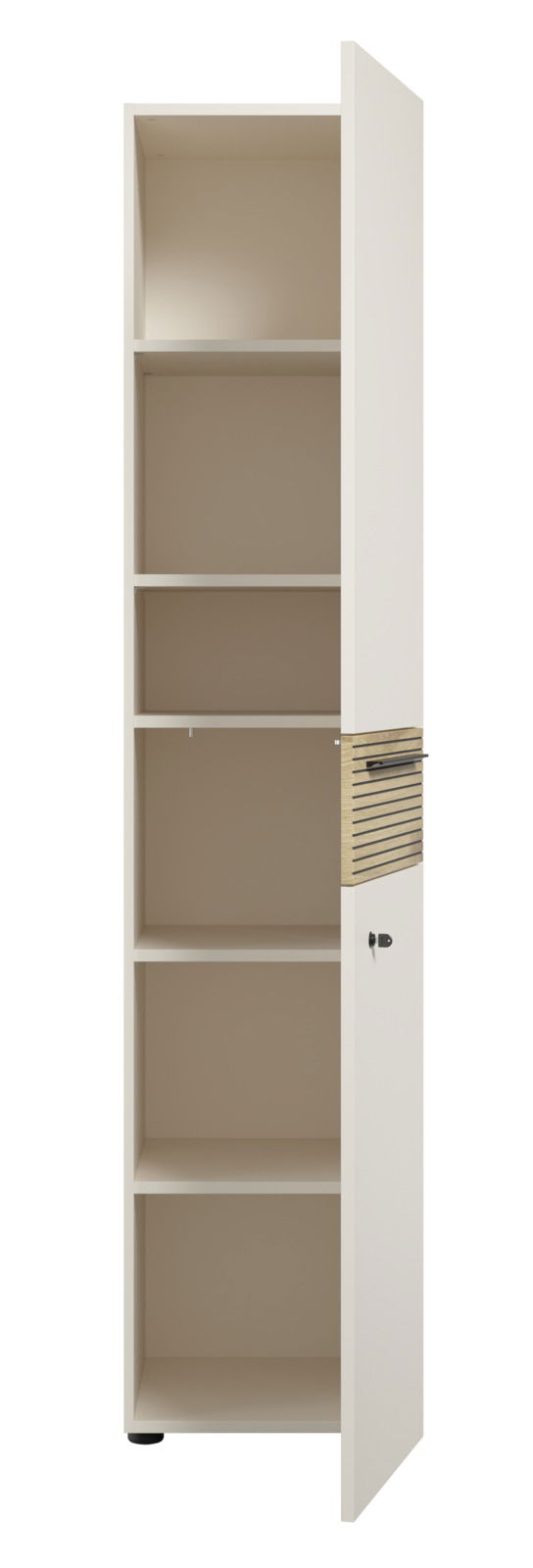 Hochformatiger Aktenschrank mit fünf offenen Fächern und einer Tür mit Schloss, Perspektive von vorne.