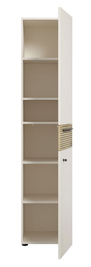 Hochformatiger Aktenschrank mit fünf offenen Fächern und einer Tür mit Schloss, Perspektive von vorne.