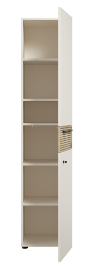 Hochformatiger Aktenschrank mit fünf offenen Fächern und einer Tür mit Schloss, Perspektive von vorne.