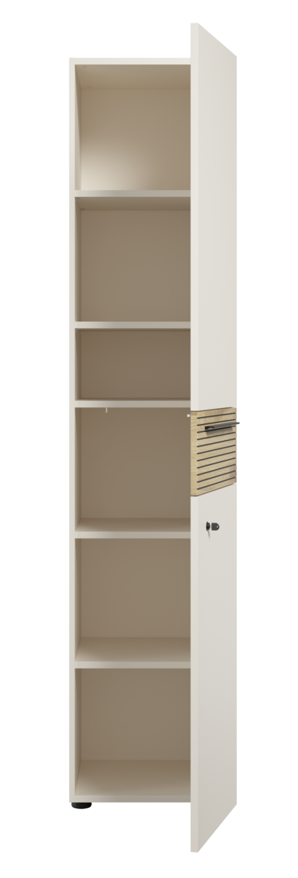 Hochformatiger Aktenschrank mit fünf offenen Fächern und einer Tür mit Schloss, Perspektive von vorne.