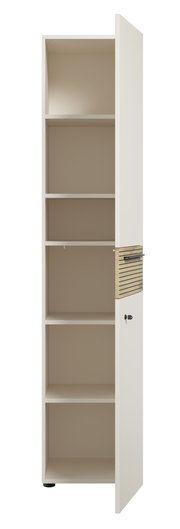 Hochformatiger Aktenschrank mit fünf offenen Fächern und einer Tür mit Schloss, Perspektive von vorne.