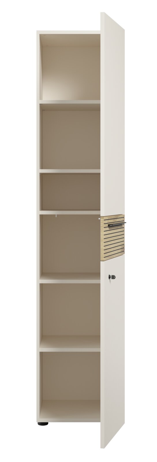 Hochformatiger Aktenschrank mit fünf offenen Fächern und einer Tür mit Schloss, Perspektive von vorne.
