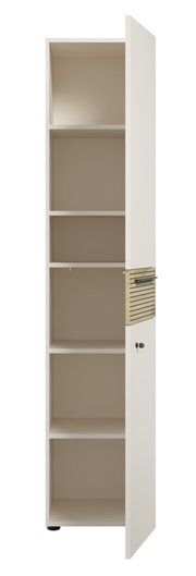 Hochformatiger Aktenschrank mit fünf offenen Fächern und einer Tür mit Schloss, Perspektive von vorne.