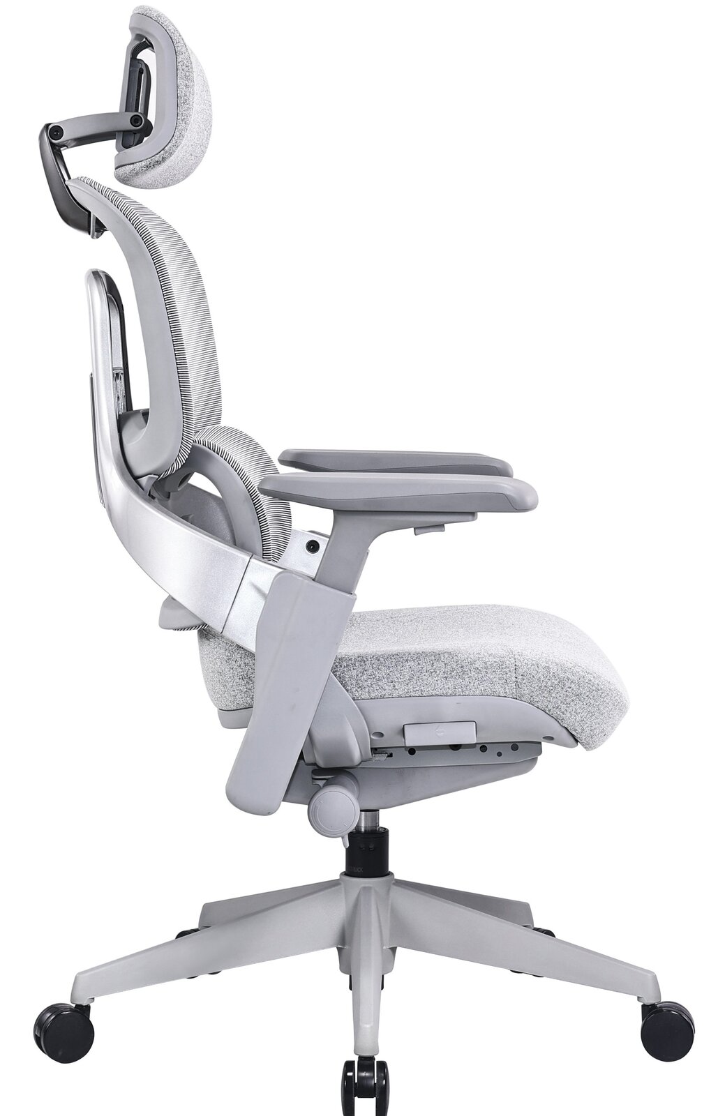 Moderner grauer Drehstuhl mit ergonomischer Rückenlehne und Kopfstütze, Seitenansicht