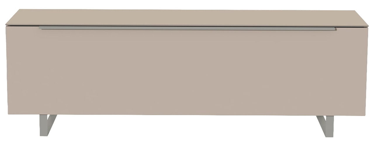 Frontansicht eines modernen, minimalistischen TV-Lowboards in Beige mit Metallbeinen.