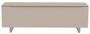 Frontansicht eines modernen, minimalistischen TV-Lowboards in Beige mit Metallbeinen.