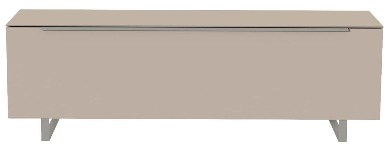 Frontansicht eines modernen, minimalistischen TV-Lowboards in Beige mit Metallbeinen.