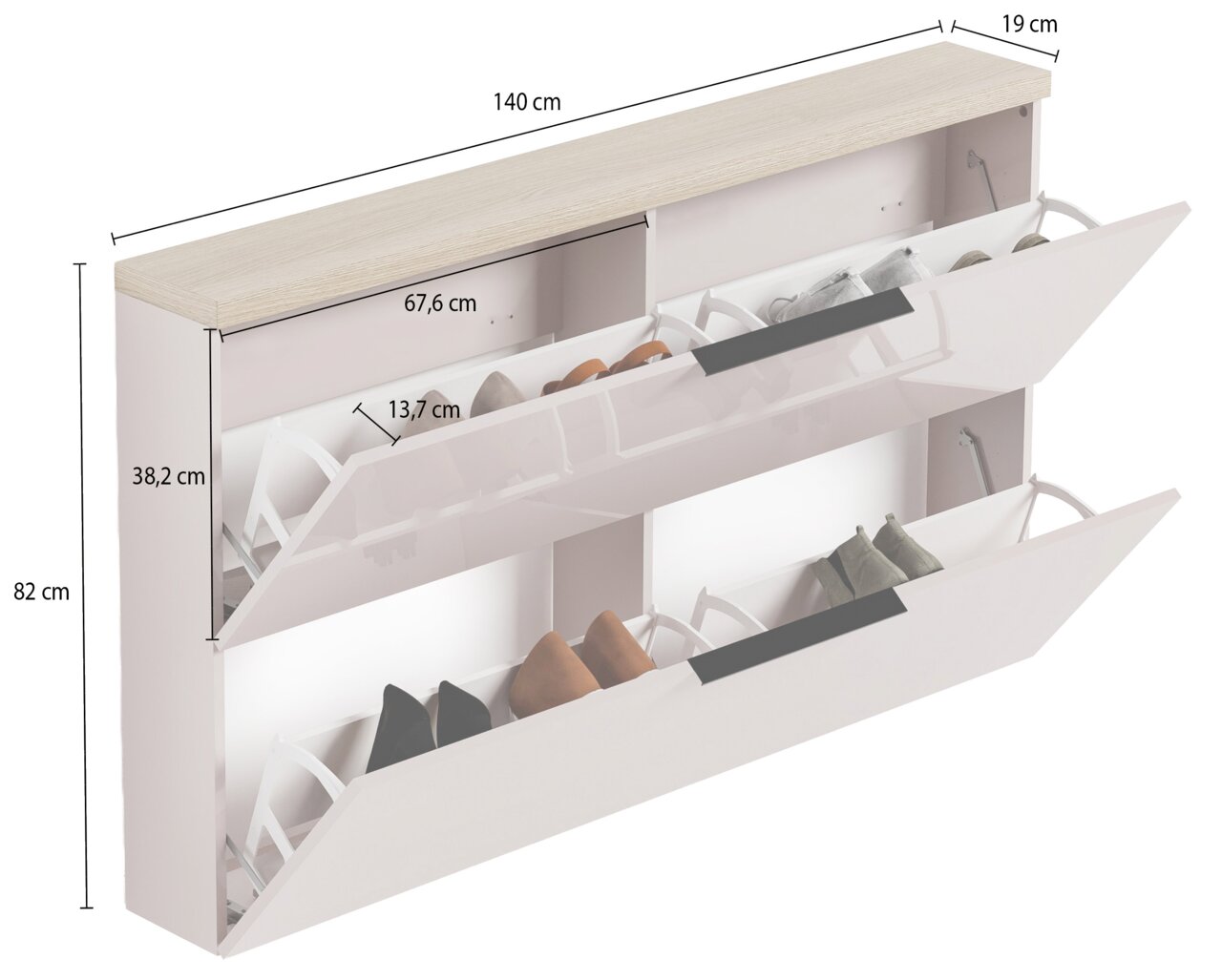 Hängeschuhschrank mit zwei ausklappbaren Fächern, gefüllt mit Schuhen, aus seitlicher Perspektive