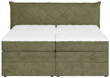 Boxspringbett in Olivgrün mit gestepptem Kopfteil, Frontalansicht