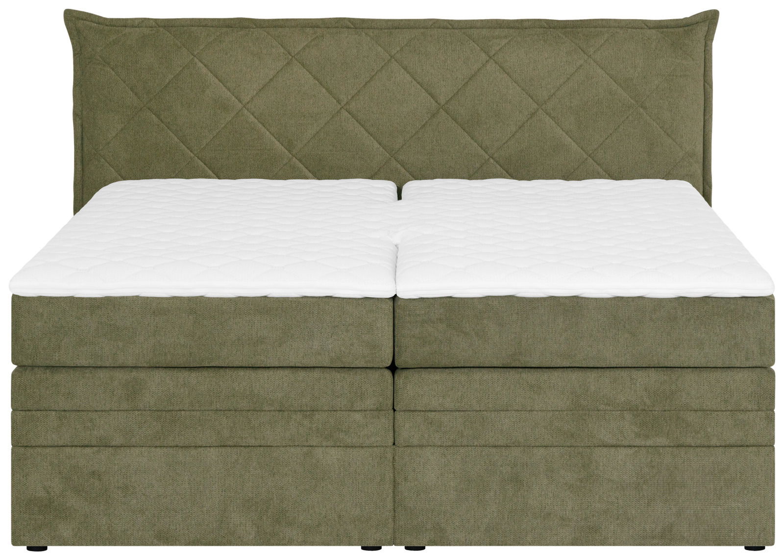Boxspringbett in Olivgrün mit gestepptem Kopfteil, Frontalansicht