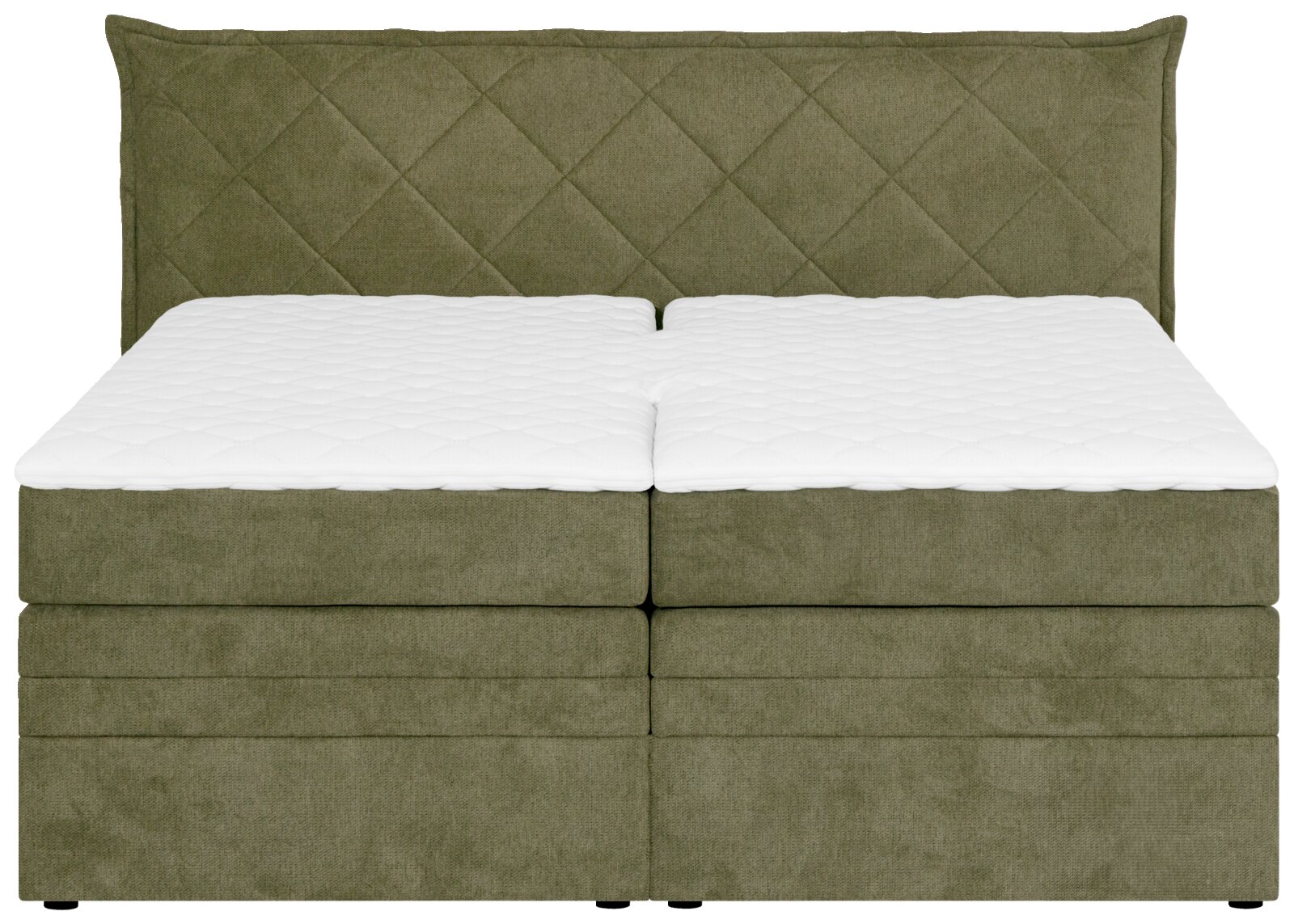 Boxspringbett in Olivgrün mit gestepptem Kopfteil, Frontalansicht