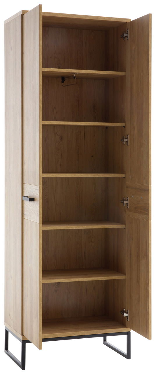 Offener Garderobenschrank aus Holz mit mehreren Regalböden, seitliche Perspektive